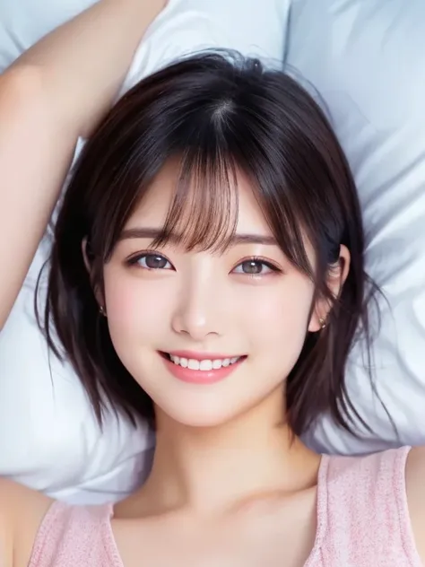 masterpiece, Best Quality, One Woman, (RAW Photos, Best Quality), (reality, Realistic:1.4)、Clear skin、iris、Very detailed eyes and face, Beautiful and detailed nose, beautiful eyes, Perfect Anatomy、Short Hair、Brunette Hair、Pink Tank Top、Mid-chest、A cool smi...