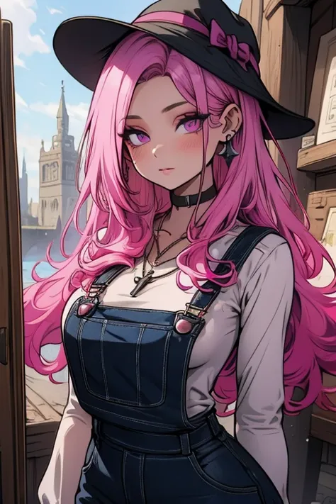 Perfect face. Perfect hands. A pink haired woman with violet eyes with an hourglass figure in overalls is painting in a Gothic studio