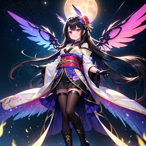 One girl、Long black hair、(Small breasts)、(Flower pattern kimono:1.1)、headgear、Gloves、Shoots seven-colored beams、(Large mechanical wings on his back:1.3)、boots,Purple moon starry sky、Flowers Bloom、whole body、Dynamic Angle、Absurd、extremely detailed CG