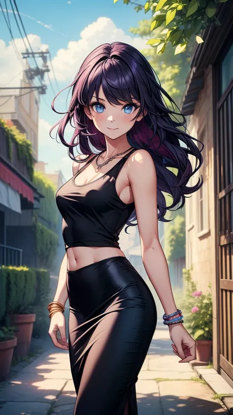 ((((masterpiece, best quality:1.8, high detail)))), beautiful woman, bright blue eyes, smile, solo focus, (((small breasts))), long wavy hair, ((dark purple hair)), ((pink tank top fitting size)), pink tank top, (black midi pencil ((skirt))), (((long black...