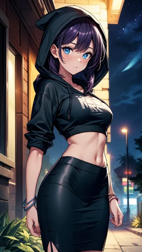 ((((masterpiece, best quality:1.8, high detail)))), beautiful woman, bright blue eyes, solo focus, (((small breasts))), long wavy hair, ((dark purple hair)), ((blue hoodie hood up)), (black midi pencil ((skirt))), ((long black skirt)), slim body, midriff, ...