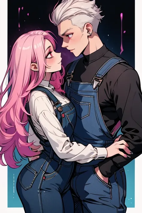 One man. One woman. Perfect faces. Perfect hands. A pink haired woman with violet eyes with an hourglass figure in overalls is kissing a young white haired man with red eyes in overalls in a Gothic studio