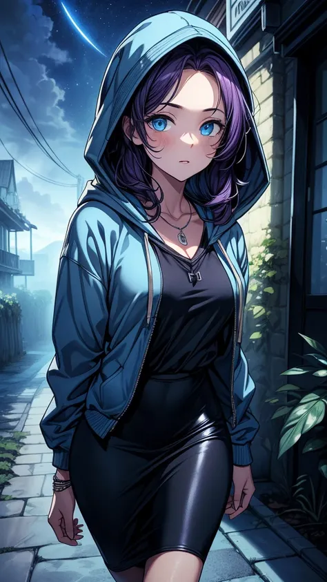 ((((masterpiece, best quality:1.8, high detail)))), beautiful woman, bright blue eyes, solo focus, (((small breasts))), long wavy hair, ((dark purple hair)), ((blue hoodie hood up)), (black midi pencil ((skirt))), ((long black skirt)), slim body, necklace,...