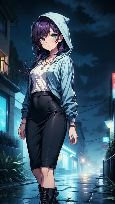 ((((masterpiece, best quality:1.8, high detail)))), beautiful woman, bright blue eyes, solo focus, (((small breasts))), long wavy hair, ((dark purple hair)), ((blue hoodie hood up)), (black midi pencil ((skirt))), ((long black skirt)), slim body, necklace,...