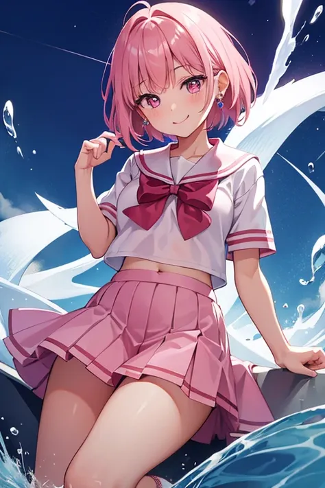 dark_pink_hair, Sideburns, Short Hair,Sailor suit,Ice flying from my hands,Pink Eyes,Bright Eyes, smile, One girl,Thin legs,High school girl,Earrings,