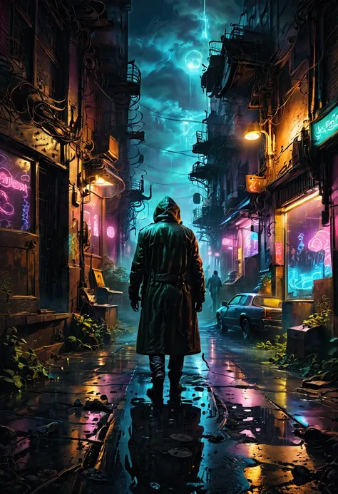 a dark and mysterious city at night, glowing neon lights, abandoned alleyways, mysterious figures lurking in the shadows, urban legends come to life, haunting atmosphere, moody lighting, gritty realism, cinematic composition, highly detailed, dramatic shad...