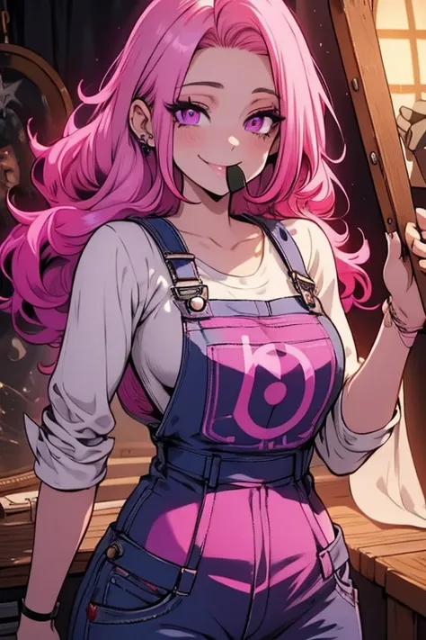 Perfect face. Perfect hands. A pink haired woman with violet eyes with an hourglass figure in overalls is smiling with a paintbrush in her mouth in a Gothic studio