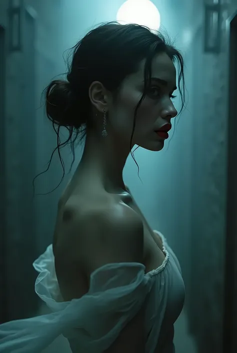 Vivid red lips, piercing eyes, shiny skin, fluid dress, dark and mysterious atmosphere, Enchanting aura, elegant posture, seductive look, moonlit environment, Hauntingly beautiful, Ethereal Beauty, Supernatural charm, Fascinating presence, big breasts, Mas...