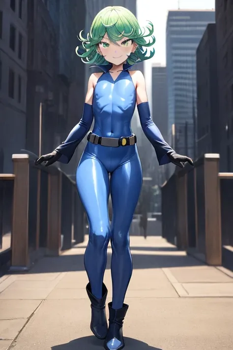 Masterpiece, best quality, ultra detailed, illustration, lighting epic, cinematic composition, 1 girl, Tatsumaki, short hair, green hair, very small breasts, green eyes, bright eyes, smiling, blushing, closed mouth, piercing gaze, full body, Black Collar, ...