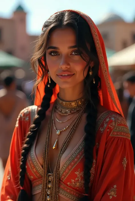 ((jemaa el fna in background)), posing photo of alluring Abigail beautiful woman sparkling splashing rainbows, (((bright eyes))), happy, super long braids, glistening, dripping exotic jewelry, iridescent, hooded kaftan (masterpiece) (best quality) (detaile...