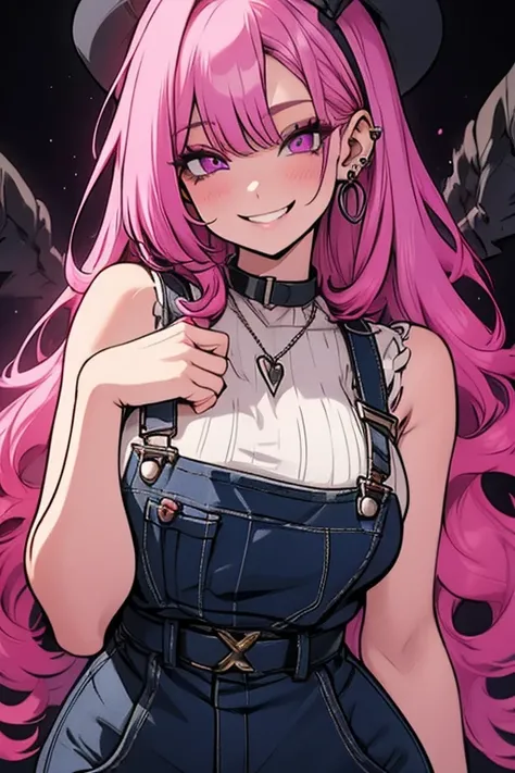 Perfect face. Perfect hands. A pink haired woman with violet eyes with an hourglass figure in overalls is smiling while flirting in a Gothic studio
