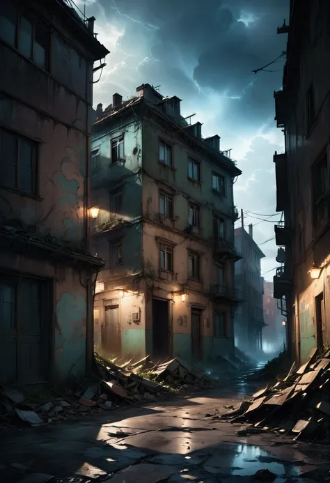 A dark and mysterious urban legend, detailed dark cityscape, ominous clouds in the sky, abandoned buildings, flickering street lights, eerie atmosphere, ominous presence, unsettling shadows, hidden dangers, supernatural elements, chiaroscuro lighting, mood...