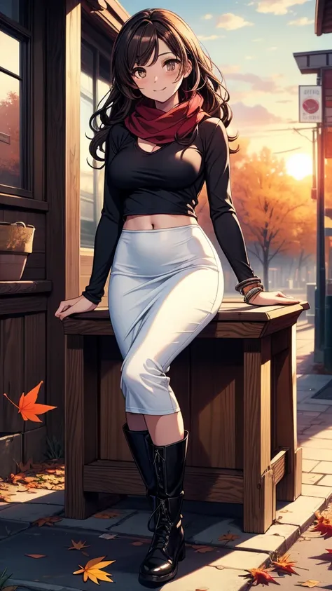 ((((masterpiece, best quality:1.8, high detail)))), beautiful woman sitting on bench, bright brown eyes, smile, solo focus, (((medium breasts))), long wavy hair, ((dark hair)), ((red t-shirt v neck long sleeves)), casual shirt, white ((scarf)), ((black mid...