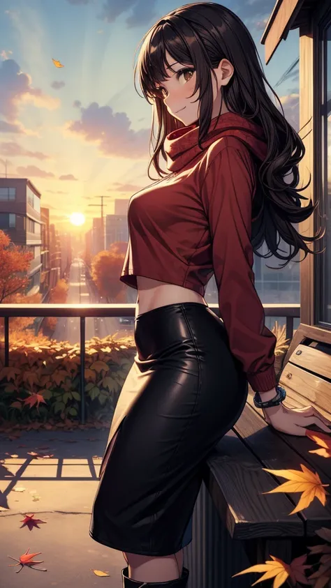 ((((masterpiece, best quality:1.8, high detail)))), beautiful woman sitting on bench, bright brown eyes, smile, solo focus, (((medium breasts))), long wavy hair, ((dark hair)), ((red t-shirt v neck long sleeves)), casual shirt, white ((scarf)), ((black mid...