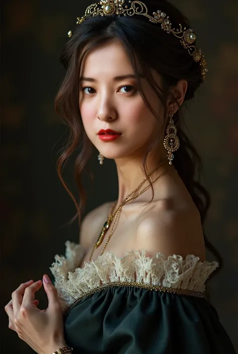 Best Quality, masterpieceHigh_resolution, One girl, Hair Ornaments, necklace, jewelry, Beautiful Face, On the body, Tyndall effect, photographのようにリアル, Dark Studio, Rim Lighting, Two-color lighting, (高い detailed skin:1.2), 8K Ultra HD, Digital SLR, Soft lig...