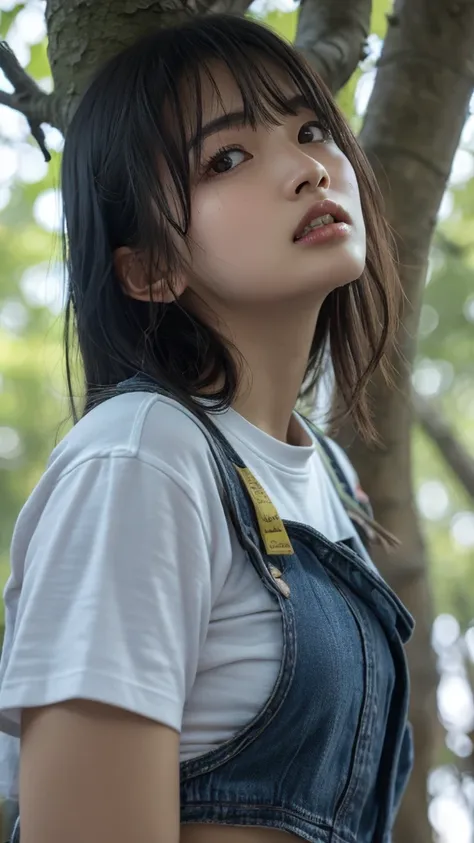 Long neck,Browsing Caution,Large Breasts, Highest quality,Ultra-high resolution,1 person,(Big close-up of face),Black Hair, bangs, Cool look,looking at the top,Beautiful and elaborate face,Fine and beautiful skin,Skin Texture,White T-shirt、Tight denim shor...