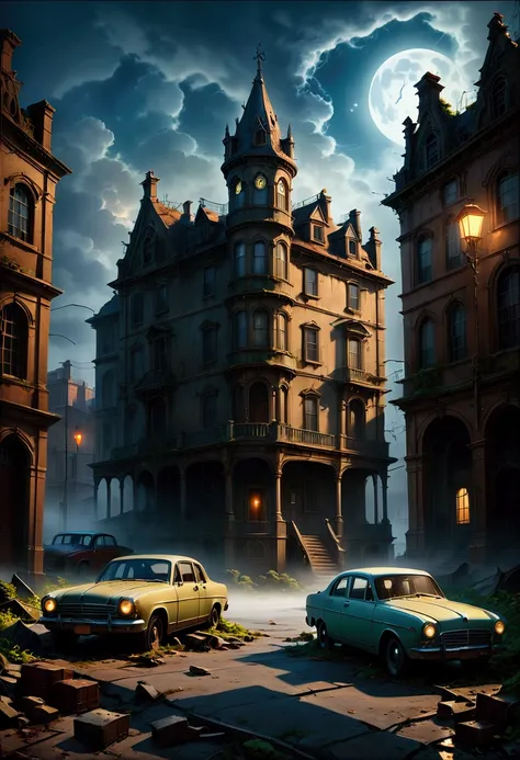 a dark and mysterious urban landscape, haunting abandoned buildings, eerie fog, moonlight, crumbling architecture, abandoned cars, flickering street lamps, shadowy figures lurking, unsettling atmosphere, (best quality,4k,8k,highres,masterpiece:1.2),ultra-d...