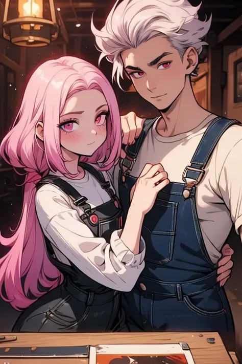 One man. One woman. Perfect faces. Perfect hands. A pink haired woman with violet eyes with an hourglass figure in overalls is painting with a young white haired man with red eyes in overalls in a Gothic studio
