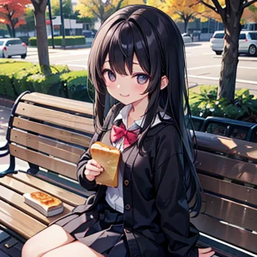 girl with、1 persons、Dark hair、Black eyes、length hair、A smile、Pupils、School Uniform、Cardigan、a park、sit on a bench、Eating bread,大きい胸