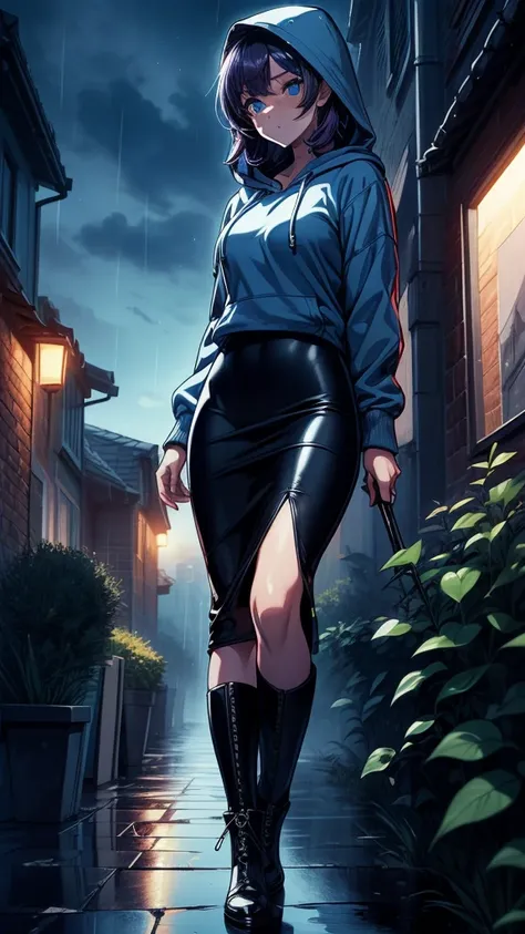 ((((masterpiece, best quality:1.8, high detail)))), beautiful woman, bright blue eyes, solo focus, long wavy hair, ((dark purple hair)), ((blue hoodie hood up)), (black midi pencil ((skirt))), ((long black skirt)), slim body, bracelet, boots, sidewalk, gar...