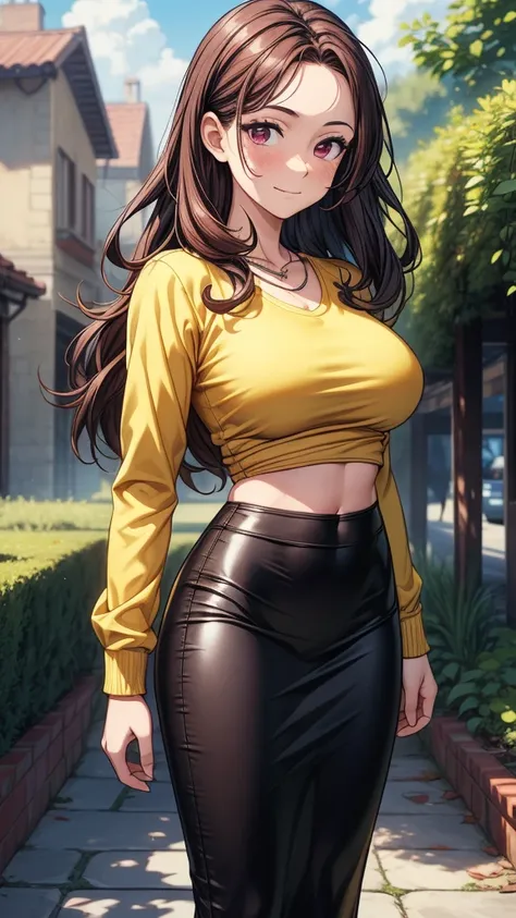 ((((masterpiece, best quality:1.8, high detail)))), beautiful shy woman, light smile, blush, solo focus, (((large breasts))), long wavy hair, ((dark burgundy hair)), ((yellow t-shirt long sleeves)), ((black) midi pencil ((skirt))), (((long skirt))), tight ...