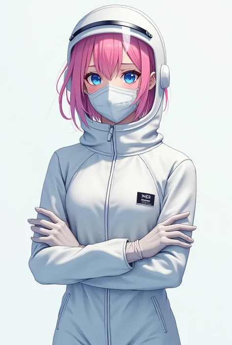 A  beautiful anime girl with pink hair and blue eyes wearing a hazmat suit latex gloves a                 face shield and a surgical mask