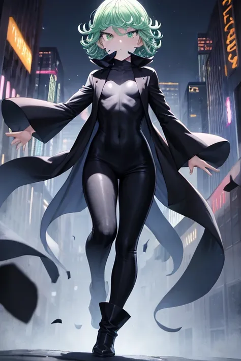 Masterpiece, best quality, ultra detailed, illustration, lighting epic, cinematic composition, 1 girl, Tatsumaki, short hair, green hair, very small breasts, green eyes, bright eyes, blushing, closed mouth, piercing gaze, full body, black scarf, bandage co...