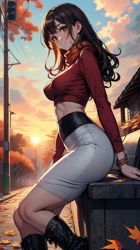 ((((masterpiece, best quality:1.8, high detail)))), beautiful woman ((sitting)) on bench, bright brown eyes, smile, solo focus, (((medium breasts))), long wavy hair, ((dark hair)), ((red t-shirt v neck long sleeves)), casual shirt, white ((scarf)), ((black...