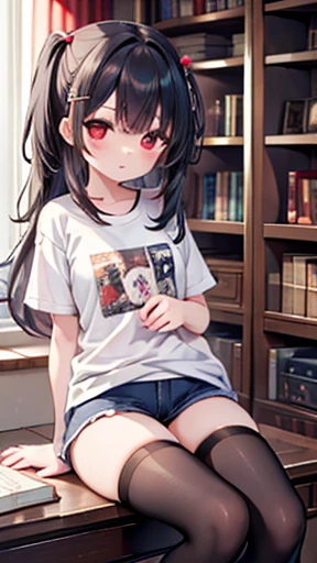 ((masterpiece,Best quality))1 girl, One, bookshelf, A stack of books, Suzuno, in room, short t-shirt, short shorts, stockings, hair ornament, Young, Red eyes,  ,大きい胸