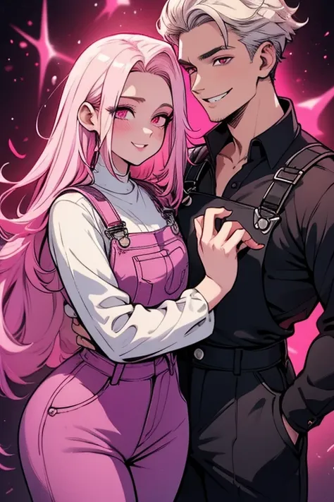 One man. One woman. Perfect faces. Perfect hands. A pink haired woman with violet eyes with an hourglass figure in overalls is painting with a young white haired man with red eyes in overalls in a Gothic studio with big smiles