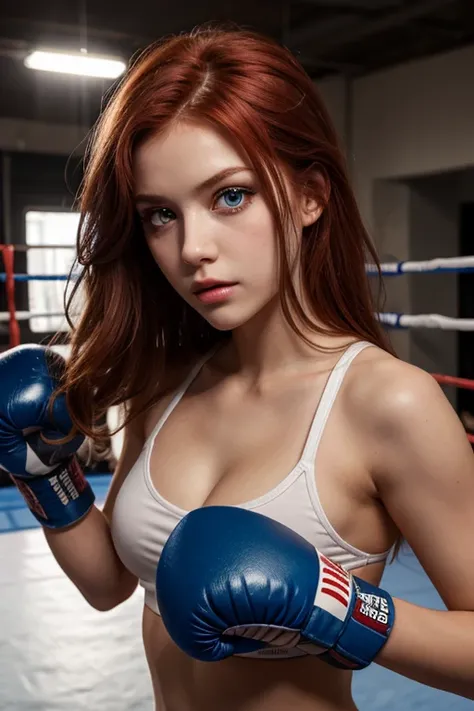 work of art, redhead girl, big eyes, blue pupils, Long hair, boxing training 