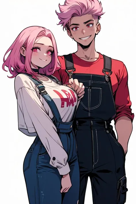 One man. One woman. Perfect faces. Perfect hands. A pink haired woman with violet eyes with an hourglass figure in overalls is painting with a young white haired man with red eyes in overalls in a Gothic studio with big smiles