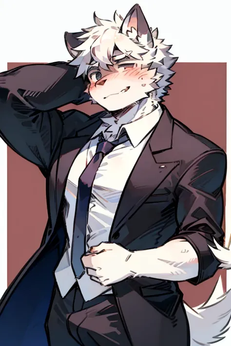 An Anime style Top Body and Right Side Body Picture of A Very Muscular Kemono Furry Style Gray Wolf. He is wearing A Long Black Tuxedo Suit with white shirt inside. His one hand is together above his head while his another hand is in his pocket. The backgr...