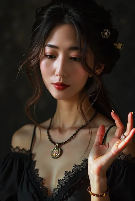 Best Quality, masterpieceHigh_resolution, One girl, Hair Ornaments, necklace, jewelry, Beautiful Face, On the body, Tyndall effect, photographのようにリアル, Dark Studio, Rim Lighting, Two-color lighting, (高い detailed skin:1.2), 8K Ultra HD, Digital SLR, Soft lig...