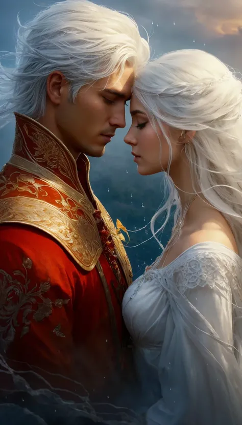 fantasy sketch, pair,magic, fire prince with white hair, magic огня, fiery lace, dark haired water maiden, magic, Air, небесная magic, strings of the soul, East, sky, raindrops, tears of heaven, tenderness, A dream, белое облачко melted into the morning fo...