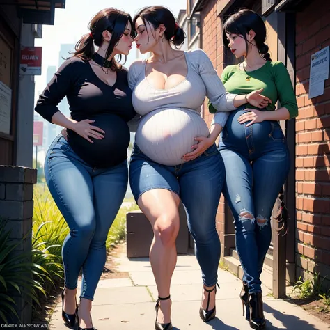 pregnant. lesbian kiss. high heel. very very long hair. ponytail. stockings. huge breast. huge hips. kissing. treasure cave. sweater. walking. muscles. muscled. braid. jeans.