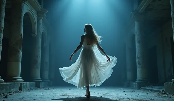 (Best Quality, masterpieceultra detailed), place: Footage of the ruins of the theater: Perfect proportions, Russian women, Long Blonde Hair, She is wearing a sheer white knit dress, The protagonist stands on the stage of the theater、Solo dance scene。Enhanc...