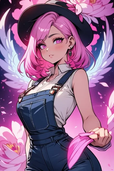 One man. One woman. Perfect faces. Perfect hands. A pink haired woman with violet eyes with an hourglass figure in overalls is posing in a flurry of peony petals
