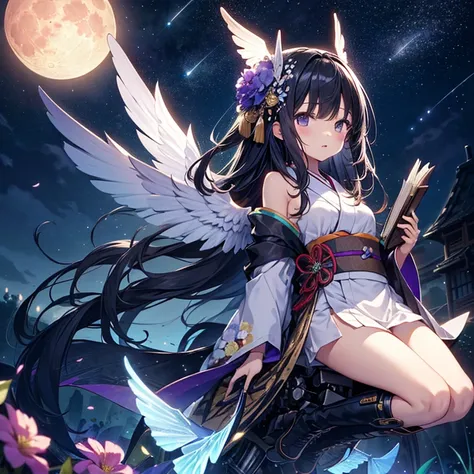 One girl、Long black hair、(Small breasts)、(Flower pattern kimono:1.1)、headgear、Gloves、Holding a book、Magical effects come out of the book、(Large mechanical wings on his back:1.3)、Mechanical Boots,Purple moon starry sky、Shooting Star、Flowers Bloom、whole body...