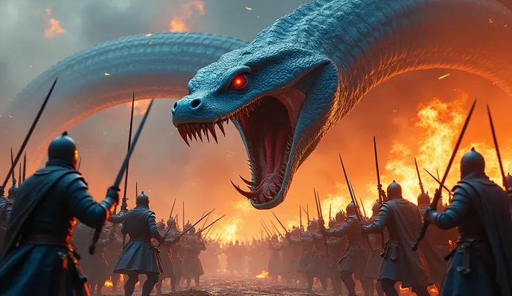 Blue snake、Red eyes、Big snake、Open your mouth wide and stick out your tongue、roar、Snakes are fighting humans、fight in flames、Man is wearing medieval armor、Large number of people、sword,bow,Uses a gun、Composition seen from the side、Strong backlighting