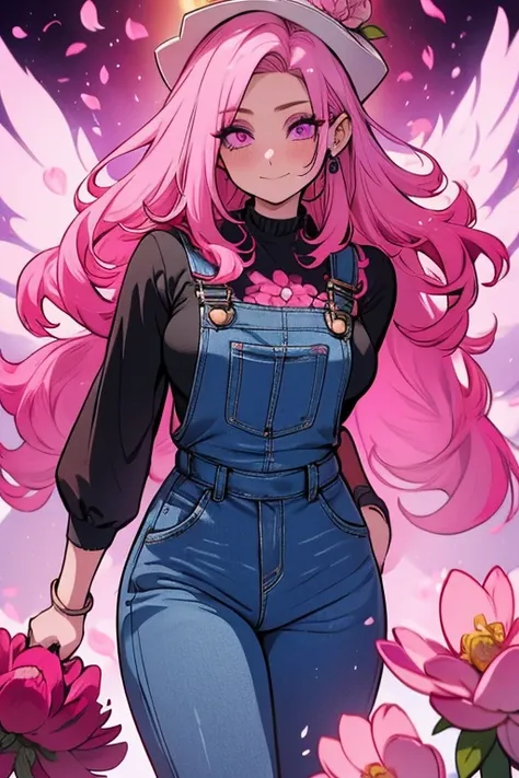 One man. One woman. Perfect faces. Perfect hands. A pink haired woman with violet eyes with an hourglass figure in overalls is posing in a flurry of peony petals
