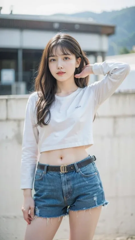 (8k, best quality, masterpiece:1.2), (realistic, photo-realistic:1.37), ultra-detailed, detail fingers, realistic fingers, A detailed portrait of 1 girl 2 girl, pale skin, perfect body, wearing white long sleeve t-shirt, wearing jean shorts, use a trouser ...