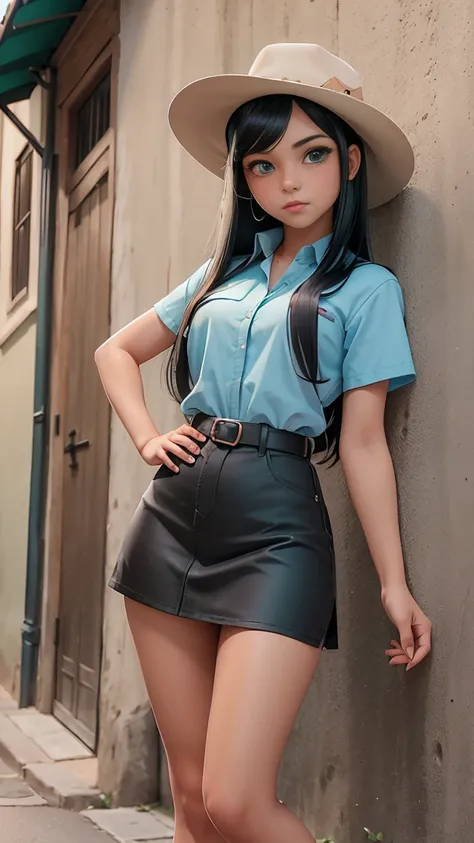 A young cowgirl wearing a hat, traje country feminino azul e branco, boots, mini-skirt, standing on the street of the old western town,(((long black hair, green eyes, tanned skin), moelca, high quality, FIRST WORK