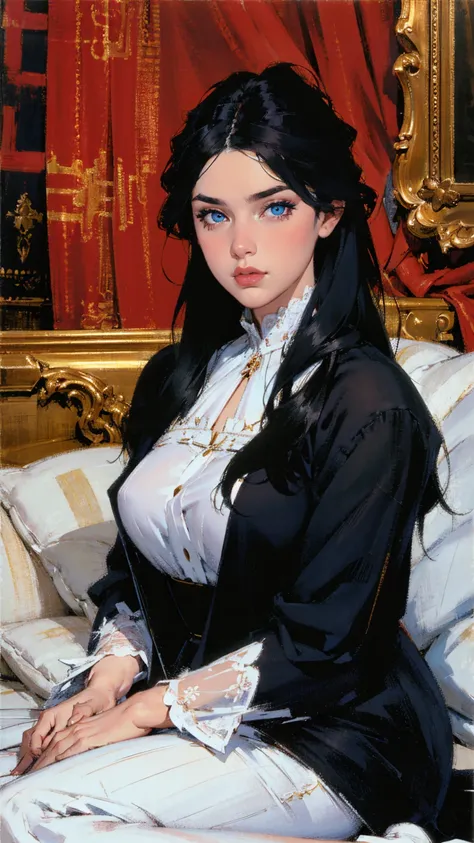 (best lighting) (best quality, masterpiece:1.2), (absurdres), 4k, (detailed eyes), (detailed face), woman, very long black hair, blue eyes, curvy, period fashion, solo, cinematic, soft lighting, centred, bold background