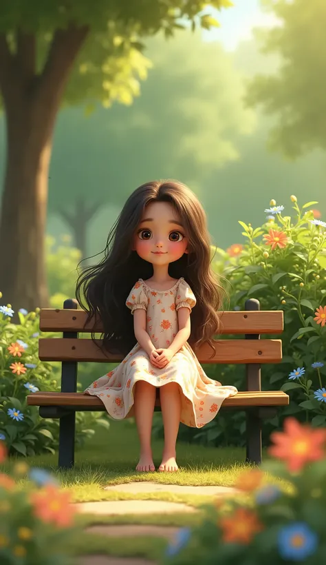 A long-haired girl wearing a floral dress, sitting on a park bench, Around him grew small flowers that bloomed, bushes as a background #carton #pixar stayl