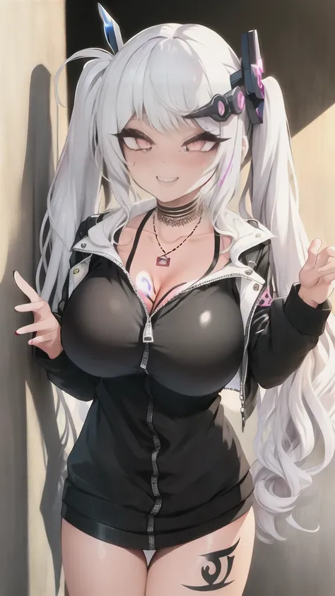 1girl, Holo-Punk Style, woman, masterpiece, white hair, best quality, Love Hotel,shy, grin, messy twintails, makeup, dynamic pose, blush, black shirt, unzipped white long sweater, blush, earrings, ruby necklace, breasts, lipstick, collarbone tattoo, mega b...