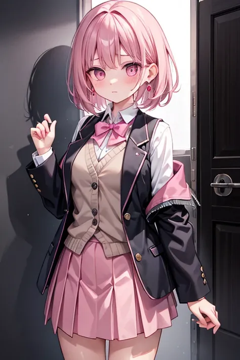 dark_pink_hair, Sideburns, Short Hair,Wavy Hair,blazer,Extra sleeve length,Grey knit vest,Long skirt,Pink Eyes,Bright Eyes, delicate,Embarrassed face, One girl,Thin legs,High school girl,Earrings,