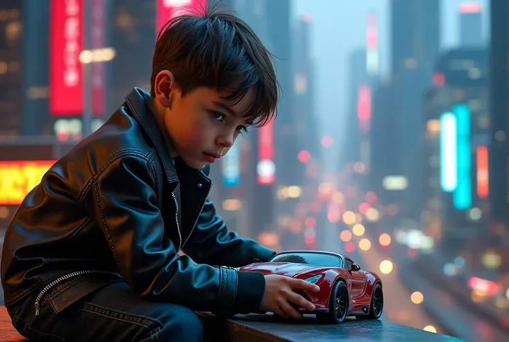 A boy playing with his toy cars. with a black leather jacket looking at the viewer.1.4,on a deep balcony,cyberpunk city in the distance,cyberpunk colors,neon,High Definition,8k,masterpiece,(Best Quality,4k,8k,High resolution,masterpiece:1.2),ultra detailed...