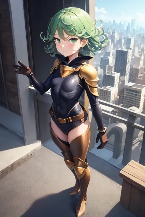 Masterpiece, best quality, ultra detailed, illustration, lighting epic, cinematic composition, 1 girl, Tatsumaki, short hair, green hair, very small breasts, green eyes, bright eyes, smiling, blushing, closed mouth, piercing gaze, full body, Brown Vintage ...