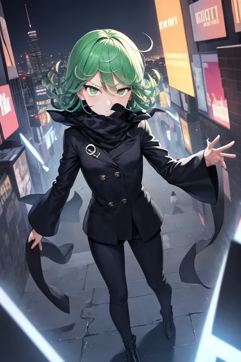 Masterpiece, best quality, ultra detailed, illustration, lighting epic, cinematic composition, 1 girl, Tatsumaki, short hair, green hair, very small breasts, green eyes, bright eyes, blushing, closed mouth, piercing gaze, full body, black scarf, bandage co...